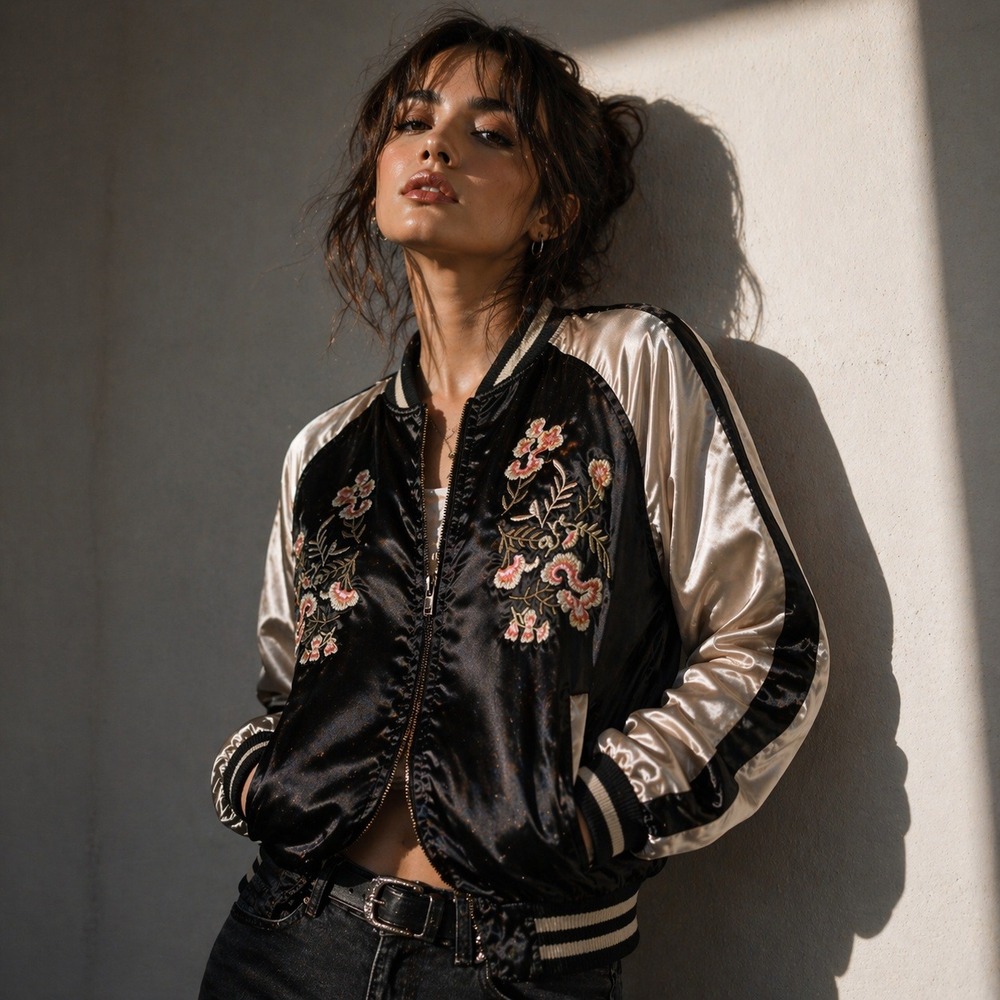 Comme USA Bomber Jacket Black Silver Embroidered Sukajan Streetwear Medium